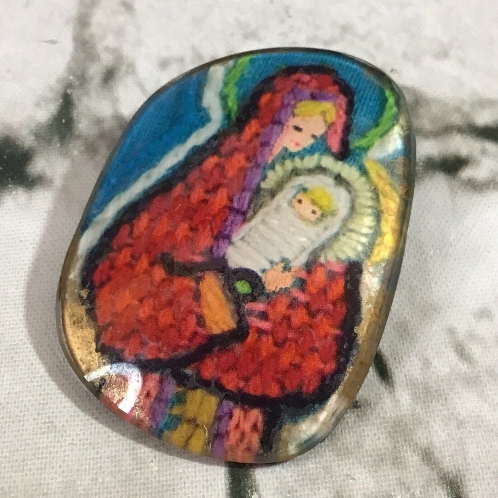 Vintage Enamel Brooch Mother Mary Baby Jesus Christian Collectible Jewelry
